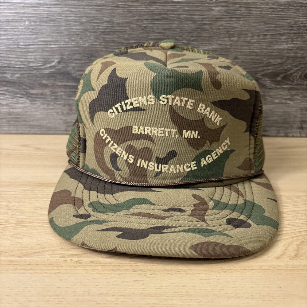 Vintage Citizens State Bank Hat Cap Snap Back Camo Trucker Made USA Mens 80s